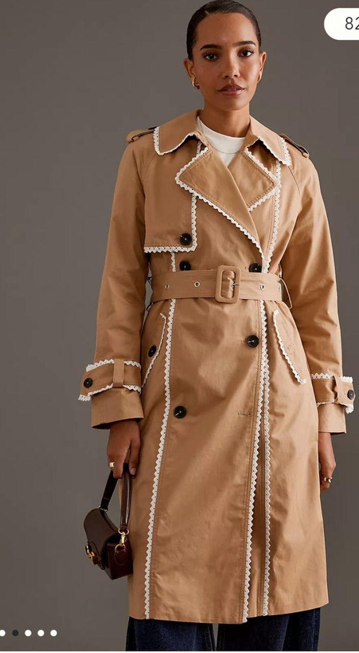 NWT Avec Les Filles Anthropologie Crochet-Trim Trench Coat Coquette Paris Tan L